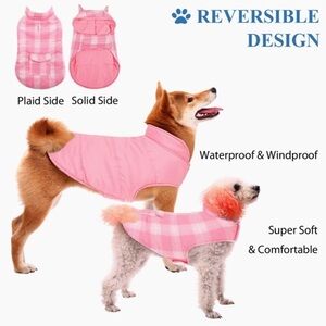 REVERSIBLE DOG COAT waterproof soft plaid pink white velcro closures NEW size S
